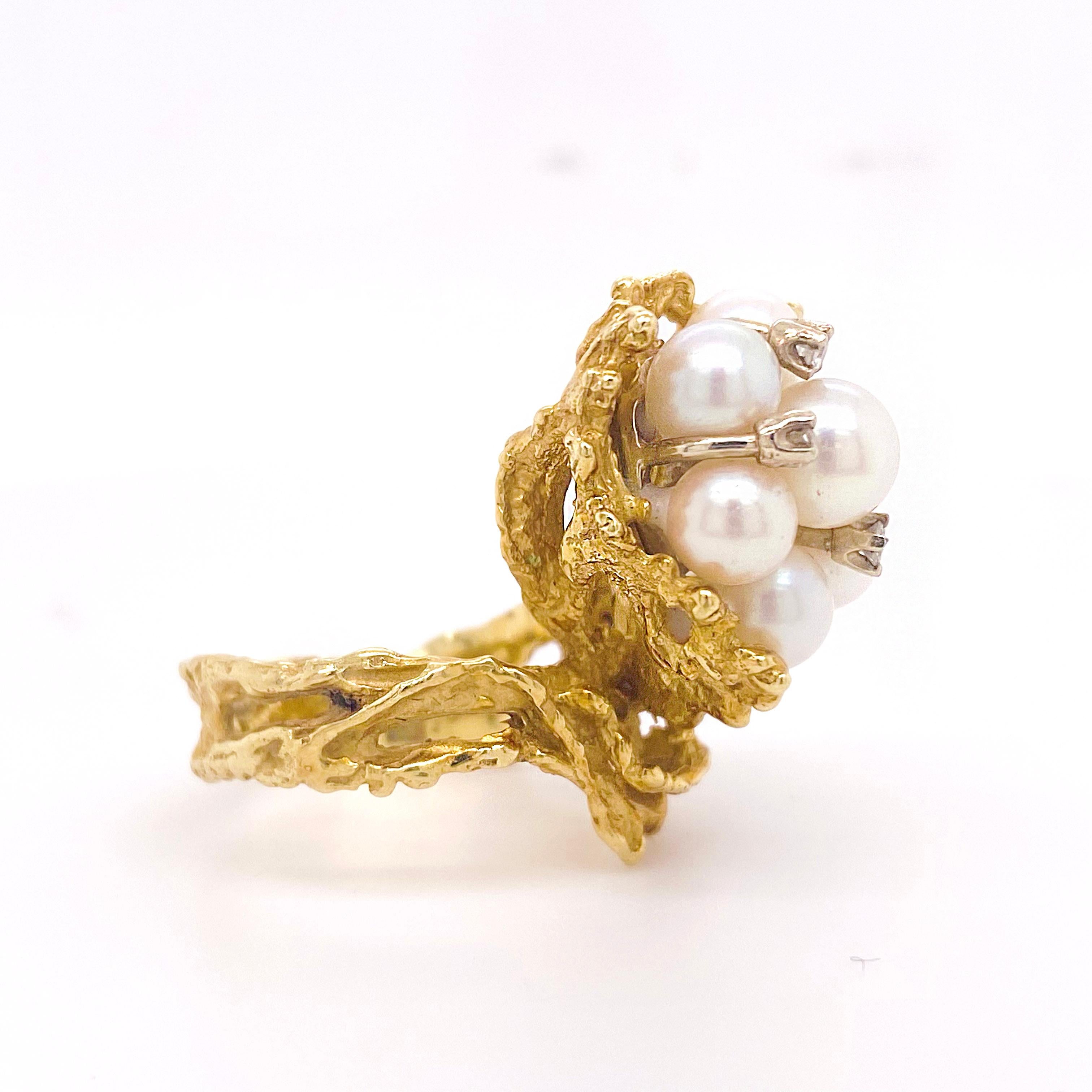 Artisan 14 Karat Yellow Gold Pearl Cluster Ring with Accents of .10 Carat Diamonds For Sale