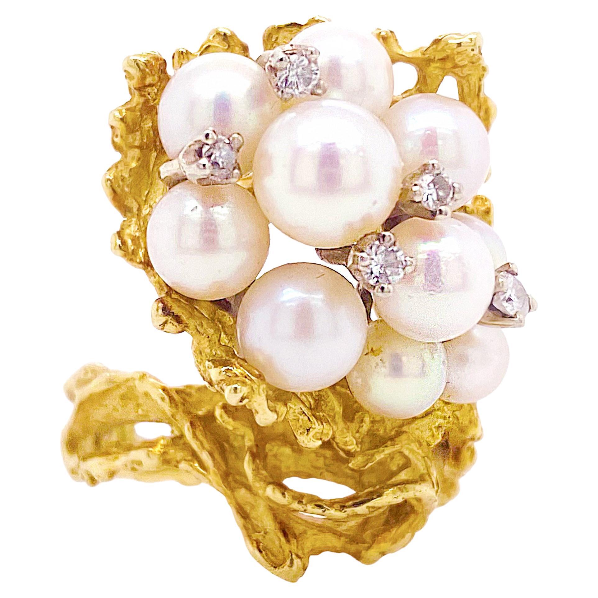 14 Karat Yellow Gold Pearl Cluster Ring with Accents of .10 Carat Diamonds For Sale