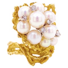 14 Karat Yellow Gold Pearl Cluster Ring with Accents of .10 Carat Diamonds