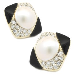 14 Karat Yellow Gold Pearl, Diamond and Black Onyx Earrings