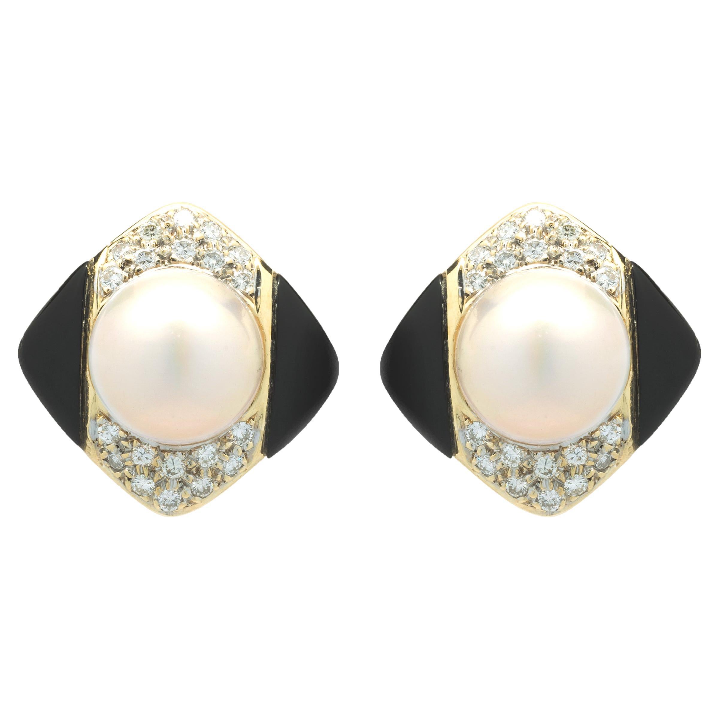 14 Karat Yellow Gold Pearl, Diamond and Black Onyx Earrings For Sale