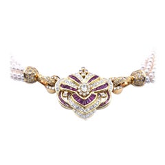 14 Karat Yellow Gold Pearl, Diamond and Ruby Necklace with Detachable Pendant
