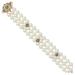 Vintage 14 Karat Yellow Gold, Pearl, Diamond and Sapphire Cocktail Bracelet