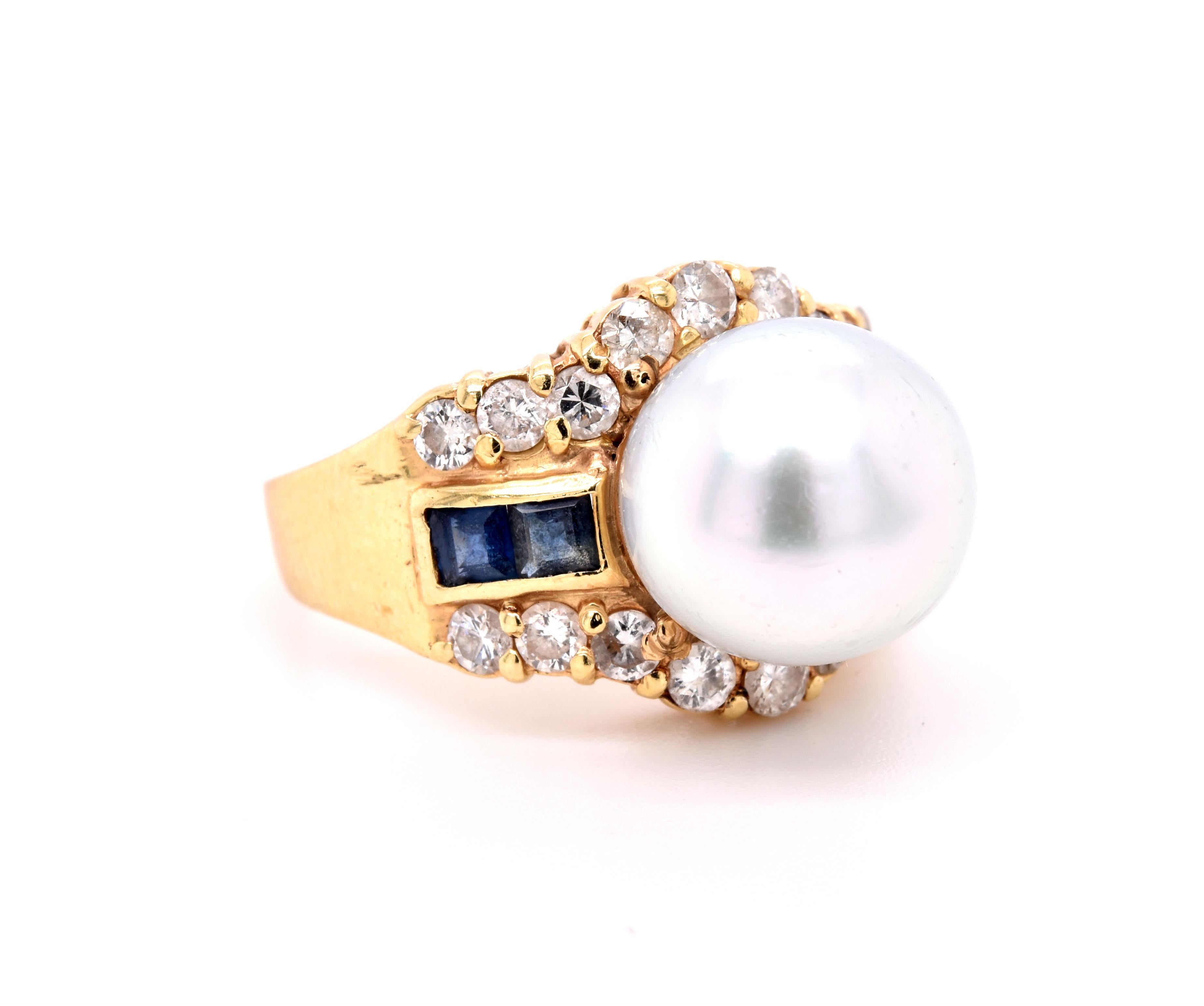 Material: 14K yellow gold 
Pearl: 10.5mm grey pearl
Diamonds: 18 round brilliant cut = .60cttw
Color: G
Clarity: SI
Sapphire: 4 princess cut = .50cttw
Ring Size: 5 (please allow two additional shipping days for sizing requests)
Dimensions: ring