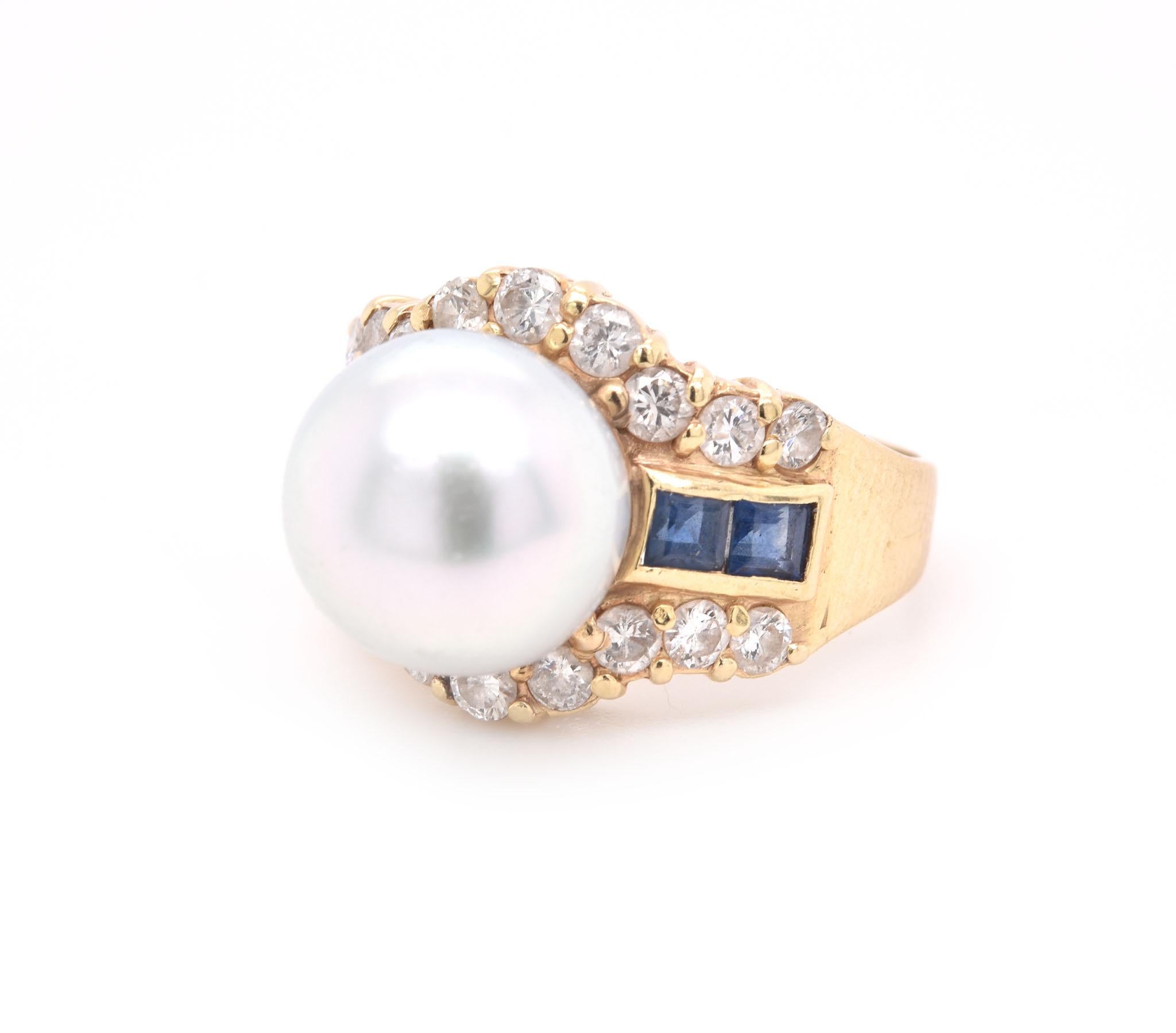 Round Cut 14 Karat Yellow Gold Pearl, Diamond, and Sapphire Fashion Ring For Sale