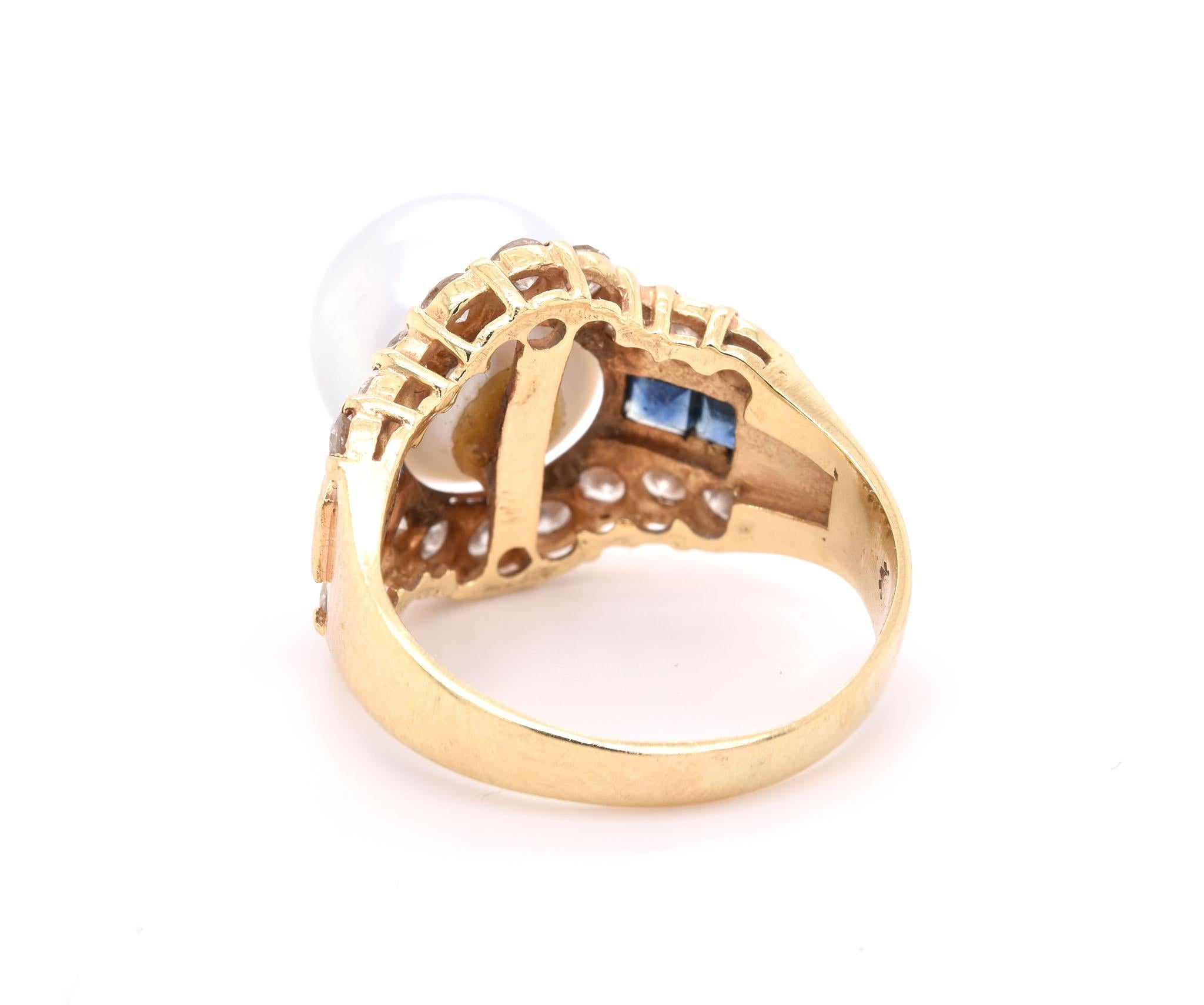 14 Karat Gelbgold Perle, Diamant und Saphir Mode-Ring im Zustand „Hervorragend“ im Angebot in Scottsdale, AZ