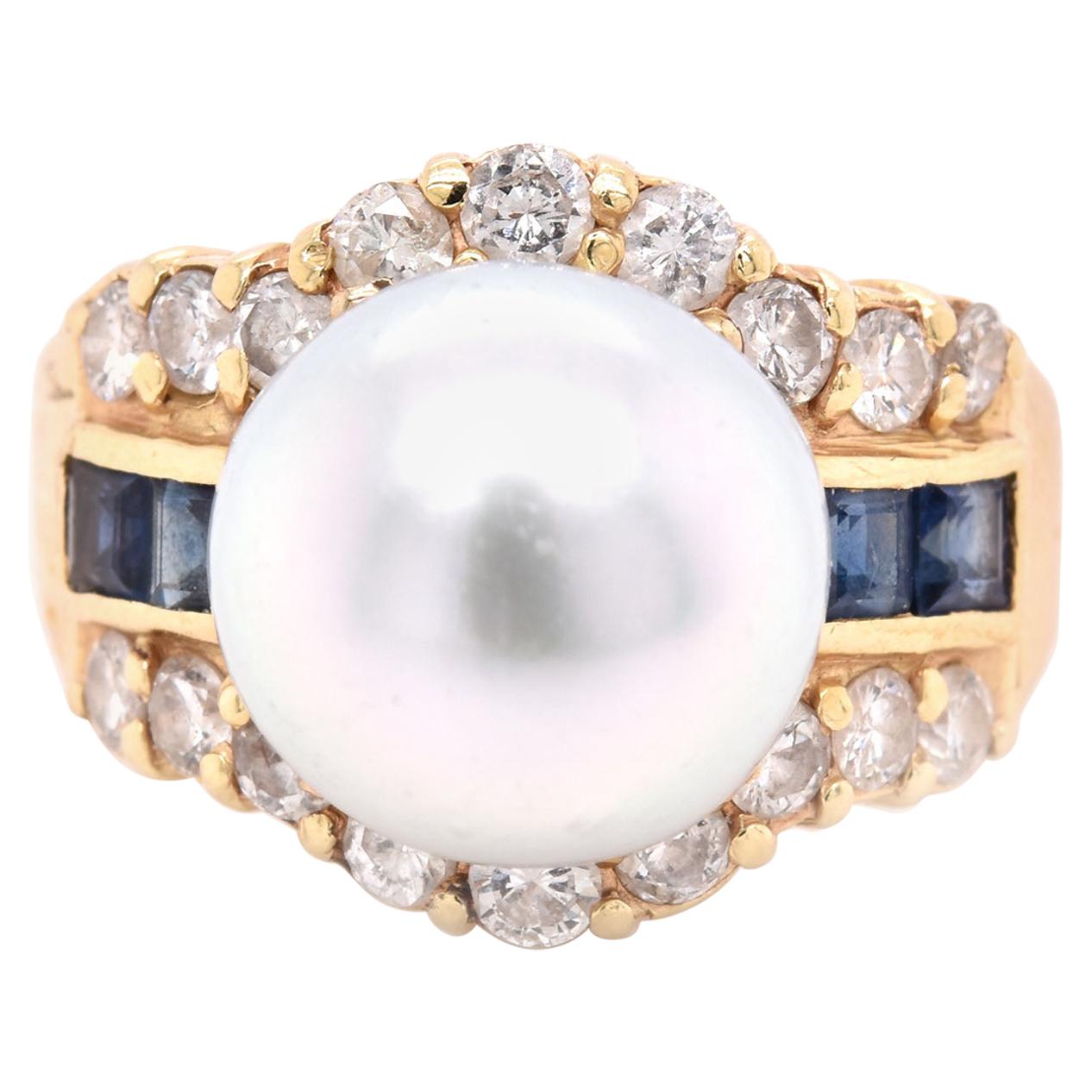 14 Karat Yellow Gold Pearl, Diamond, and Sapphire Fashion Ring For Sale