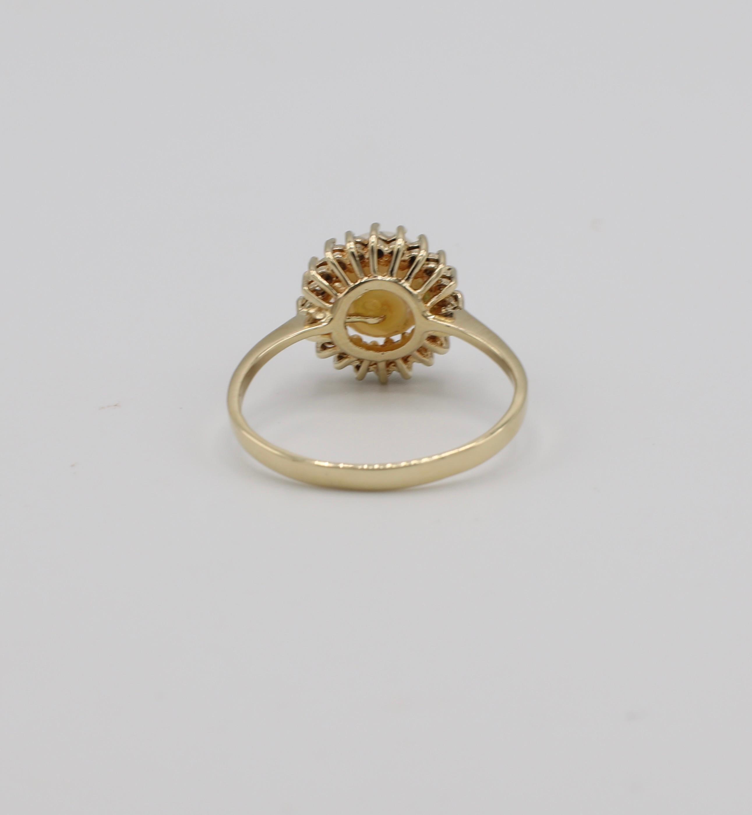 Round Cut 14 Karat Yellow Gold Pearl and Diamond Halo Cocktail Ring