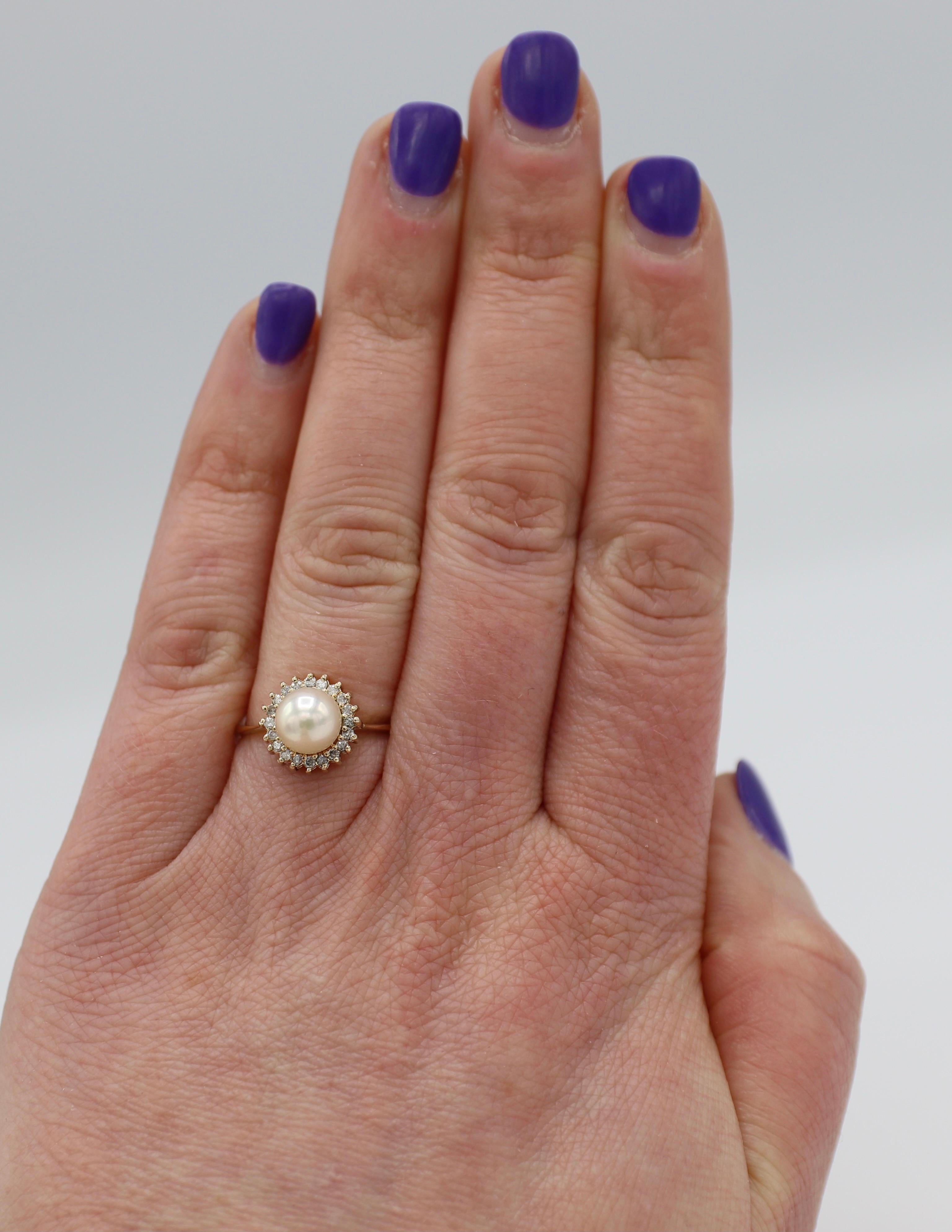Women's or Men's 14 Karat Yellow Gold Pearl and Diamond Halo Cocktail Ring