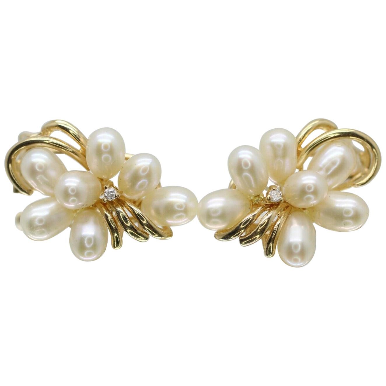 14 Karat Yellow Gold Pearl Earrings with Diamonds