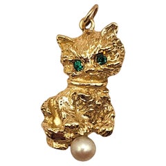 Vintage 14 Karat Yellow Gold Pearl Kitten Charm #19988