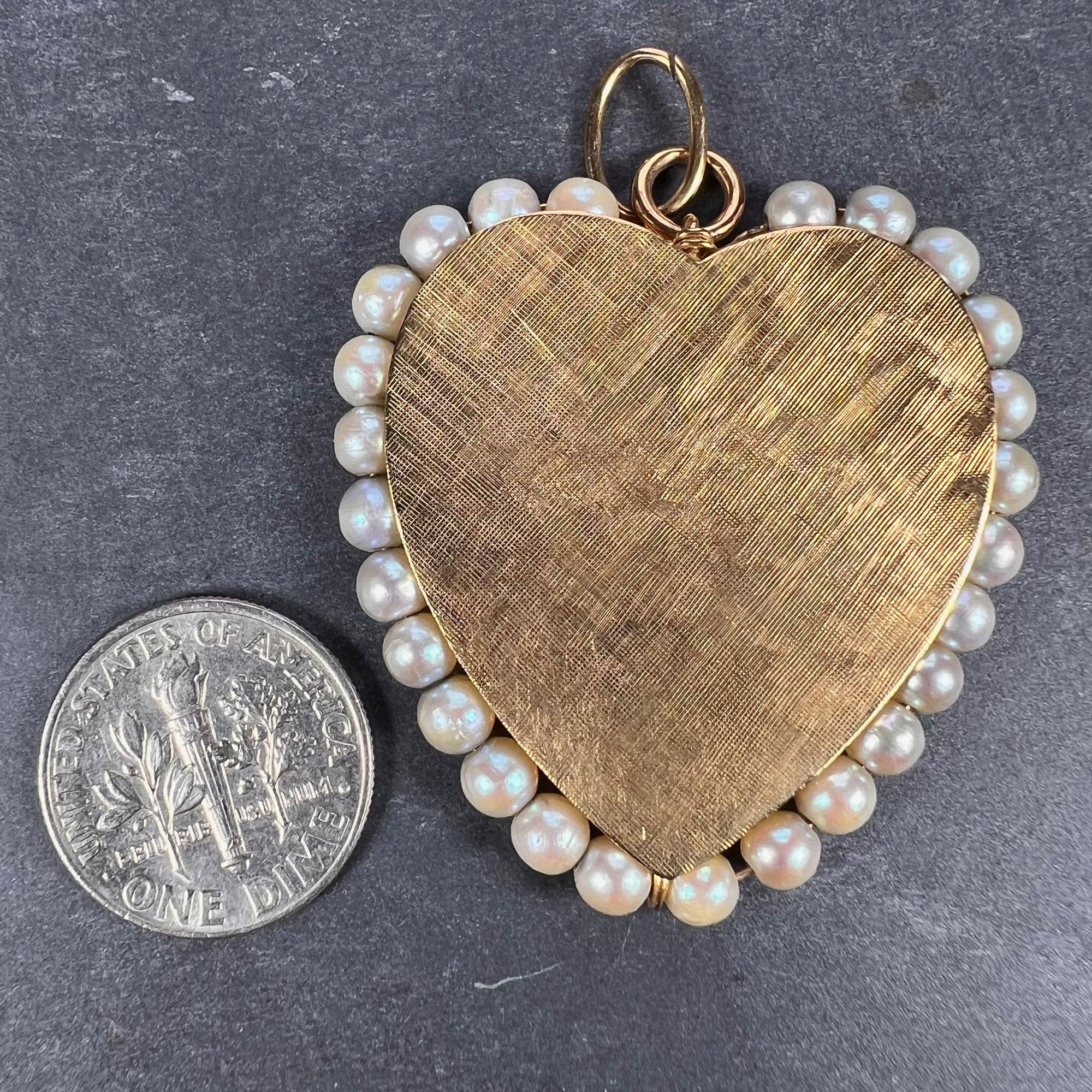 14 Karat Yellow Gold Pearl Large Heart Charm Pendant For Sale 2