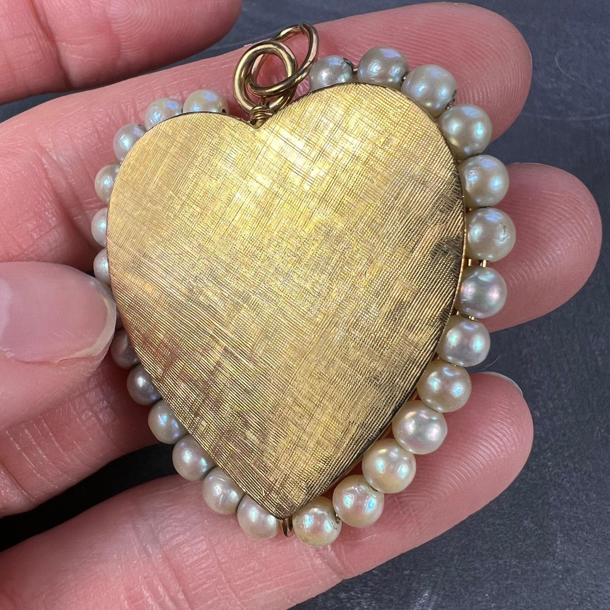 Uncut 14 Karat Yellow Gold Pearl Large Heart Charm Pendant For Sale