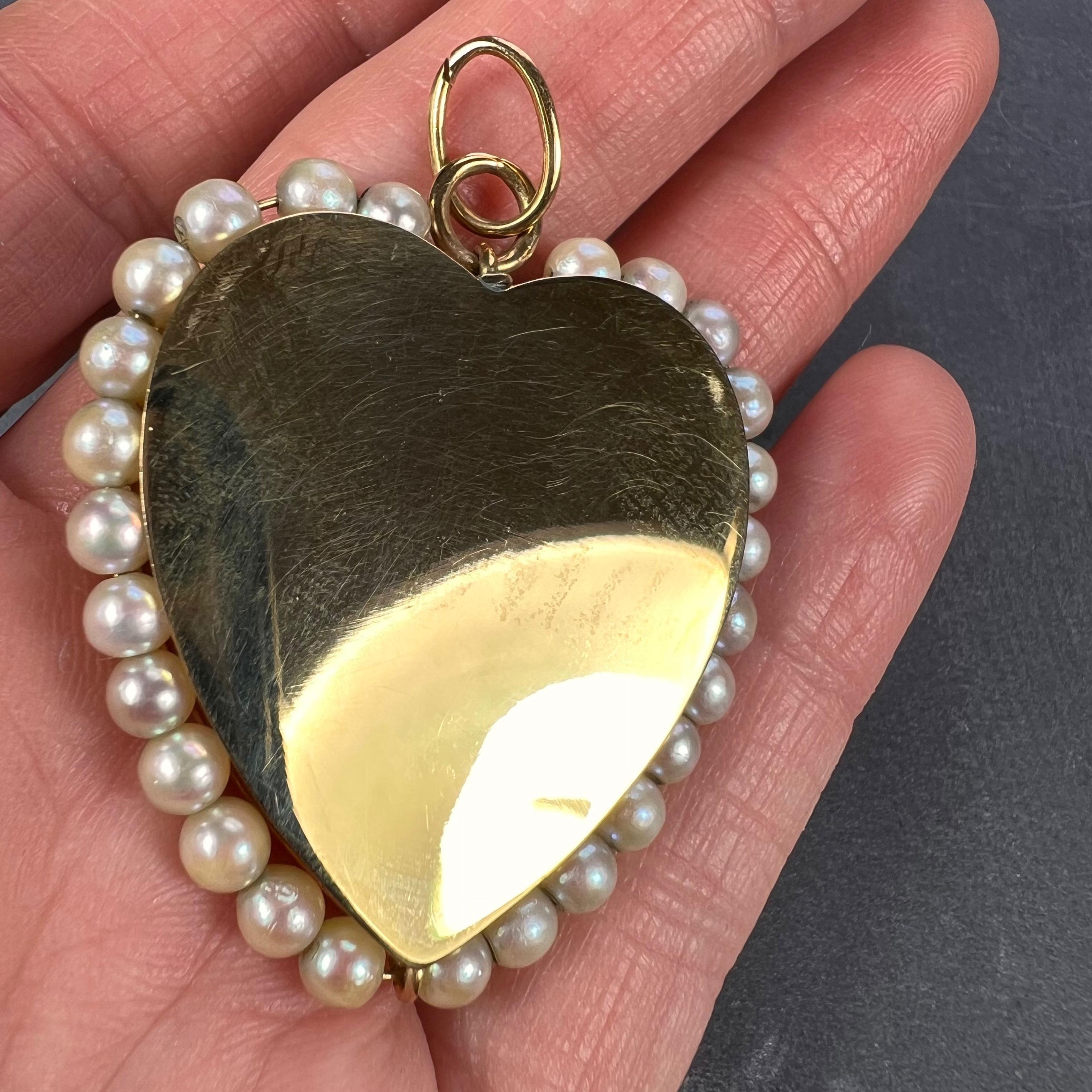 Women's 14 Karat Yellow Gold Pearl Large Heart Charm Pendant For Sale