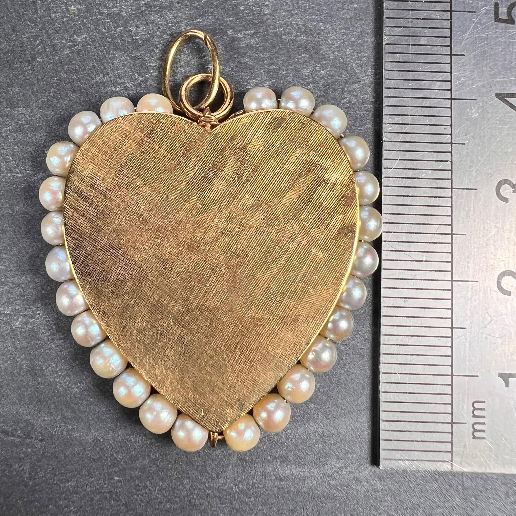 14 Karat Yellow Gold Pearl Large Heart Charm Pendant For Sale 1