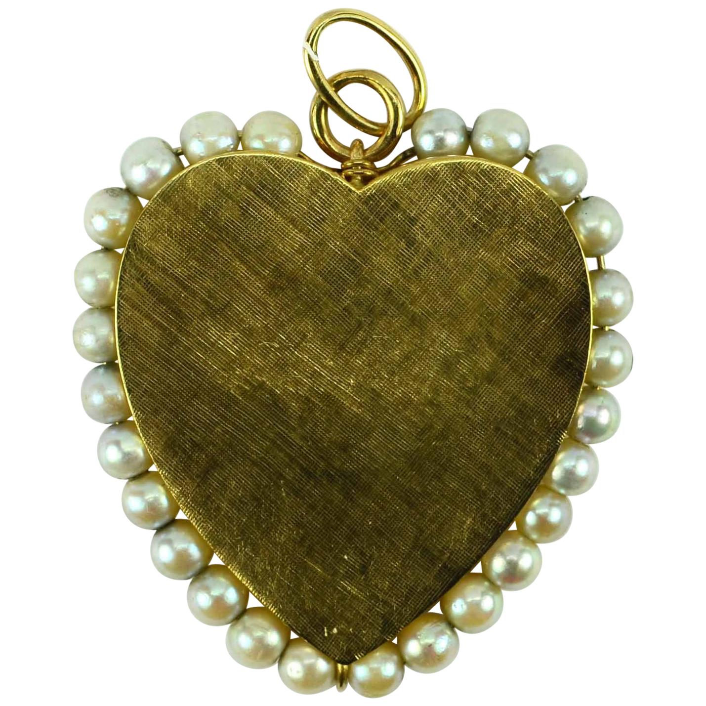 14 Karat Yellow Gold Pearl Large Heart Charm Pendant For Sale