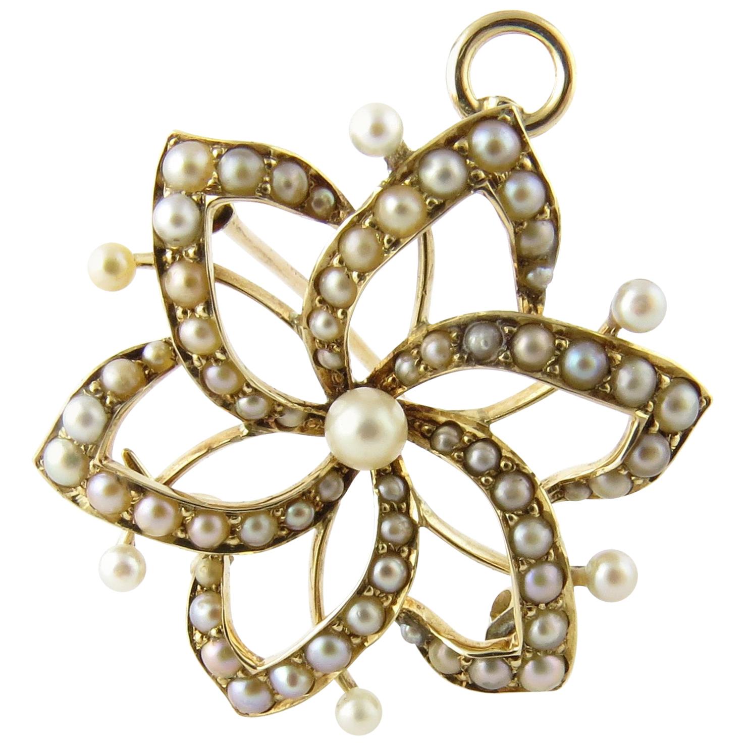 14 Karat Yellow Gold Pearl Pendant/Pin For Sale