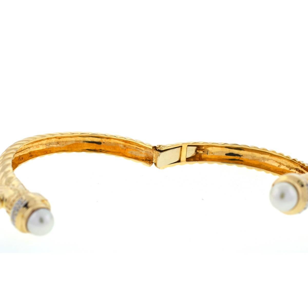 14 Karat Yellow Gold Pearl Ruby and Diamonds Bangle Bracelet 3