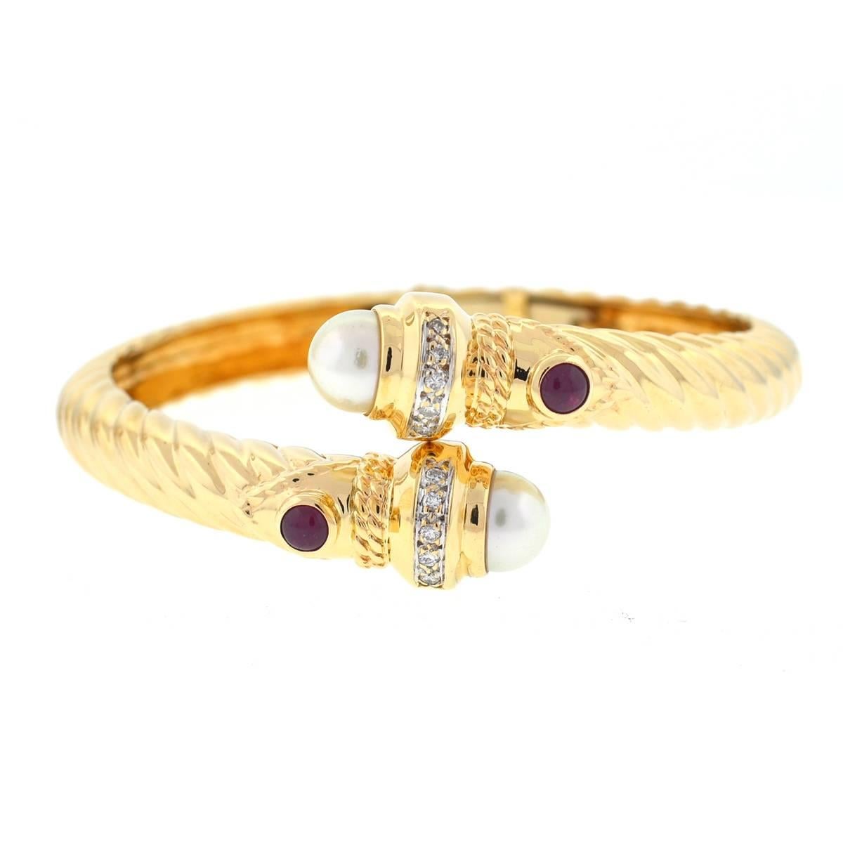 14 Karat Yellow Gold Pearl Ruby and Diamonds Bangle Bracelet