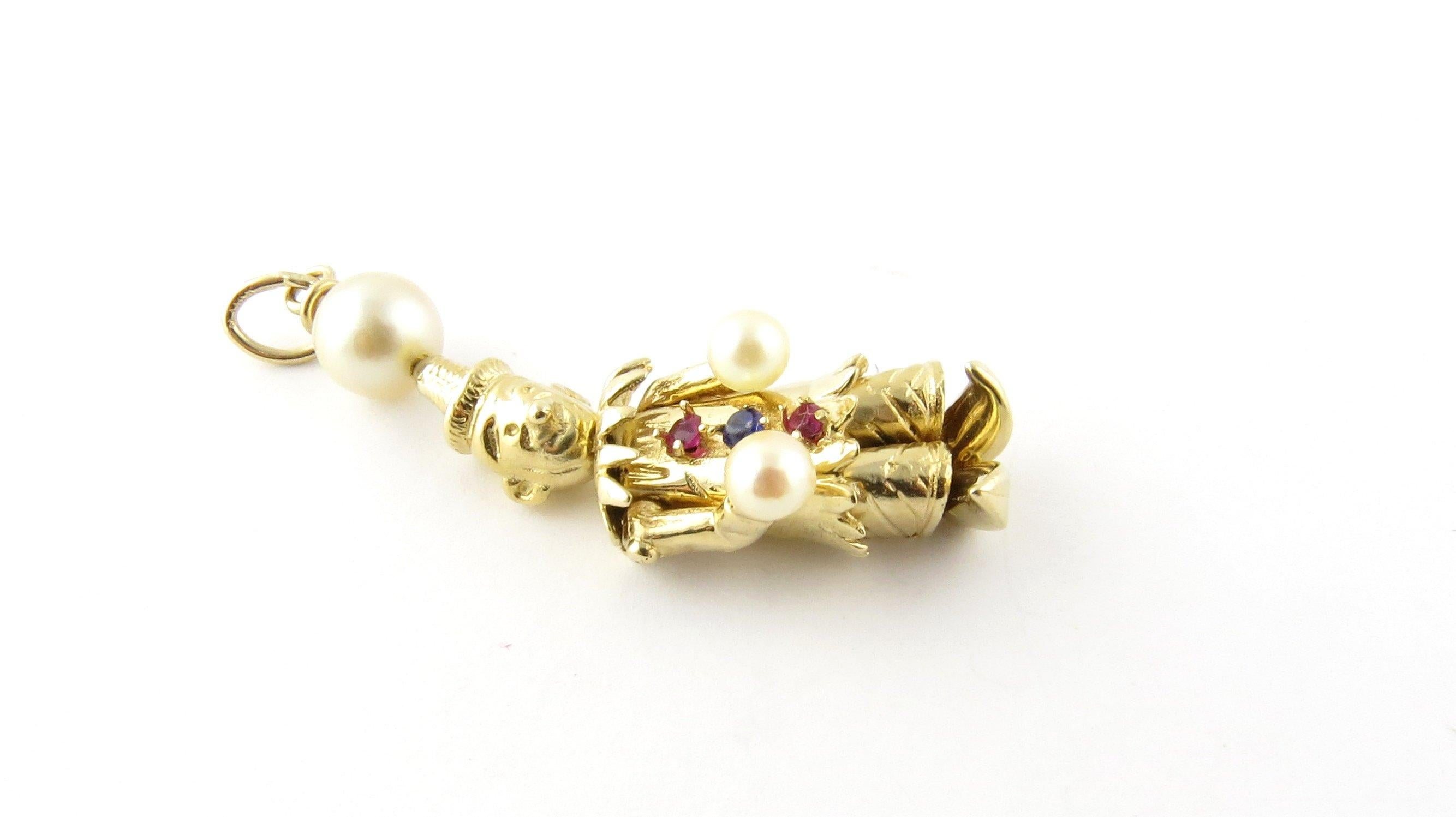 14 Karat Yellow Gold Pearl, Ruby and Sapphire Articulated Clown Pendant In Excellent Condition In Washington Depot, CT