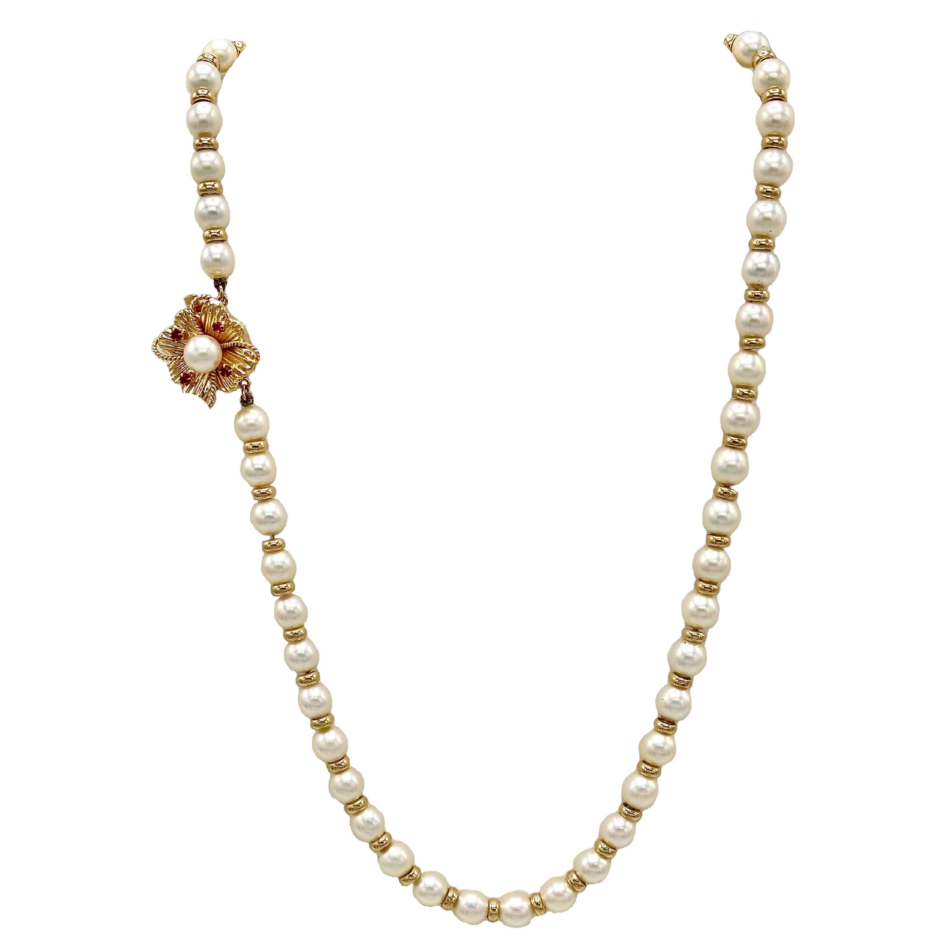 14 Karat Yellow Gold Pearl & Ruby Necklace For Sale