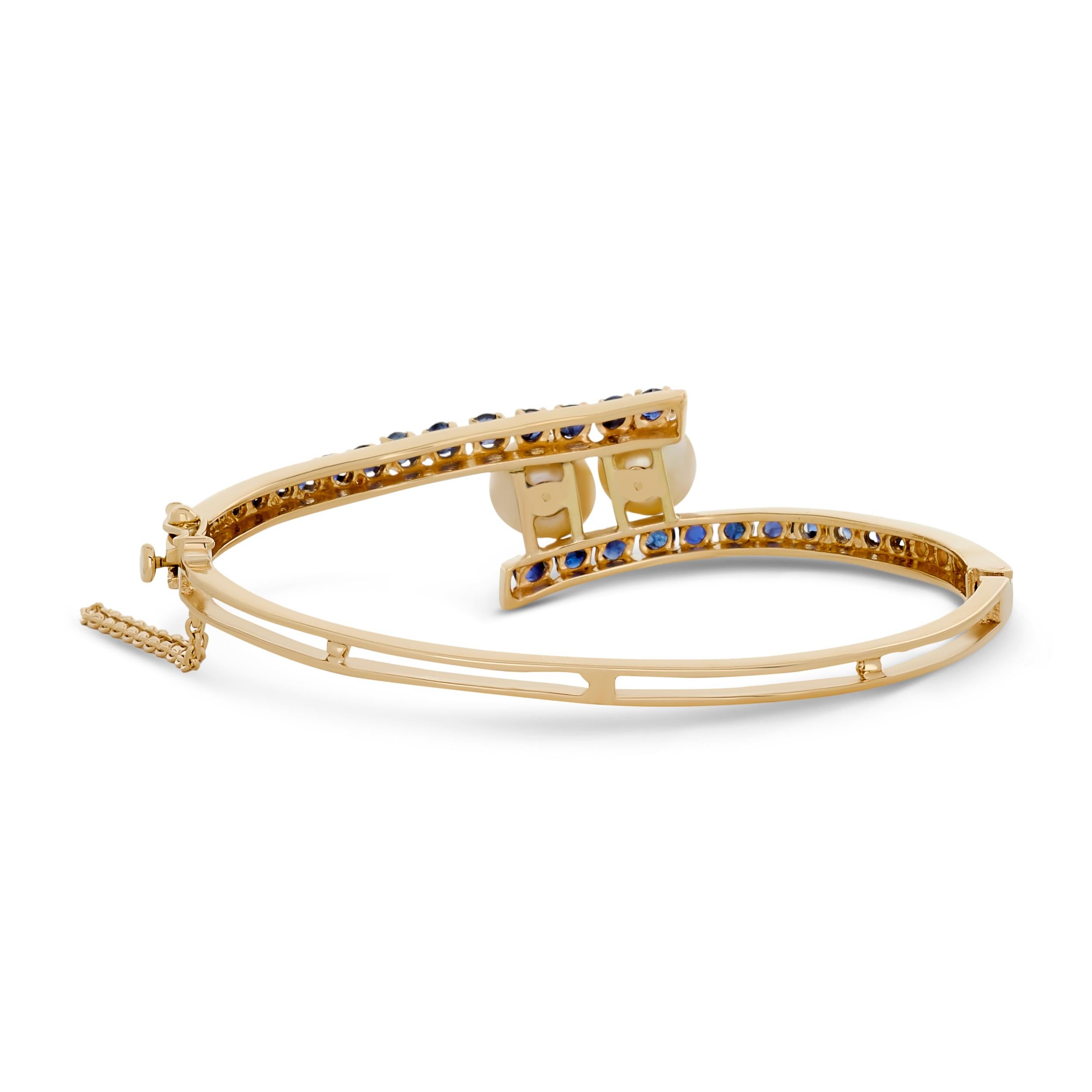 Round Cut 14 Karat Yellow Gold Pearl, Sapphire and Diamond Bangle Bracelet For Sale