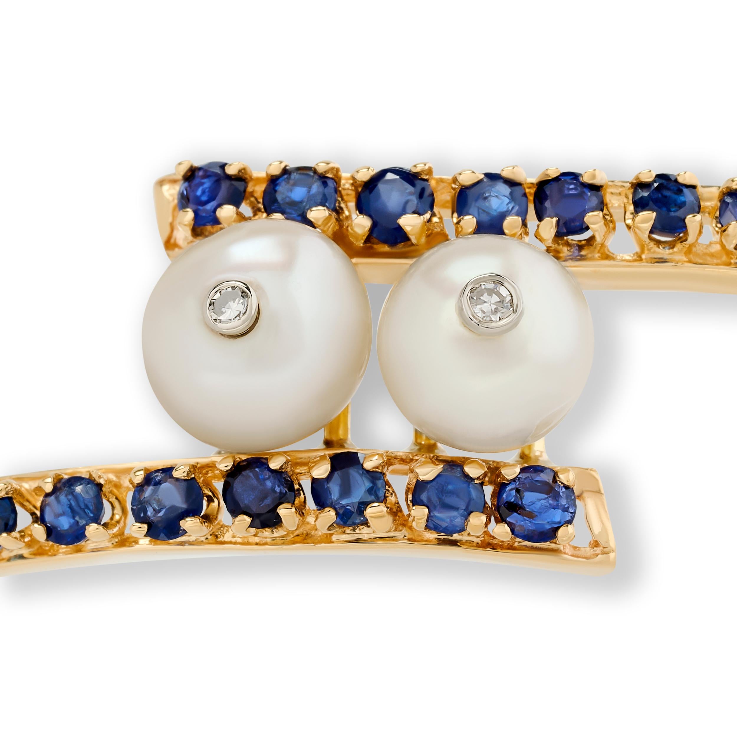 14 Karat Yellow Gold Pearl, Sapphire and Diamond Bangle Bracelet In Good Condition For Sale In Philadelphia, PA
