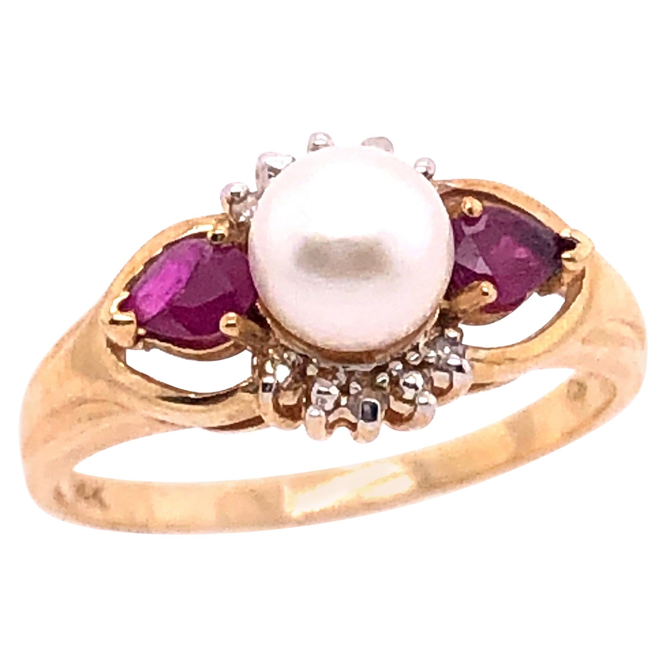 14 Karat Yellow Gold Pearl Solitaire Ring with Ruby and Diamond Accents For Sale