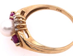 14 Karat Yellow Gold Pearl Solitaire Ring with Ruby and Diamond Accents