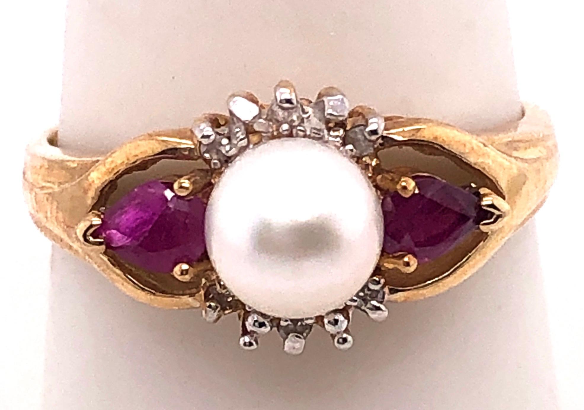 Modern 14 Karat Yellow Gold Pearl Solitaire Ring with Ruby and Diamond Accents For Sale