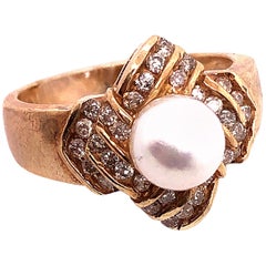 14 Karat Yellow Gold Pearl Solitaire with Diamond Accents Ring