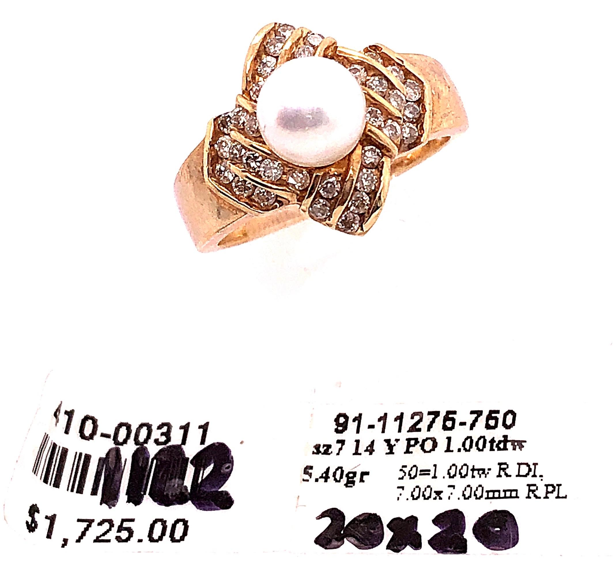 Bague solitaire en or jaune 14 carats avec perles et diamants en vente 4