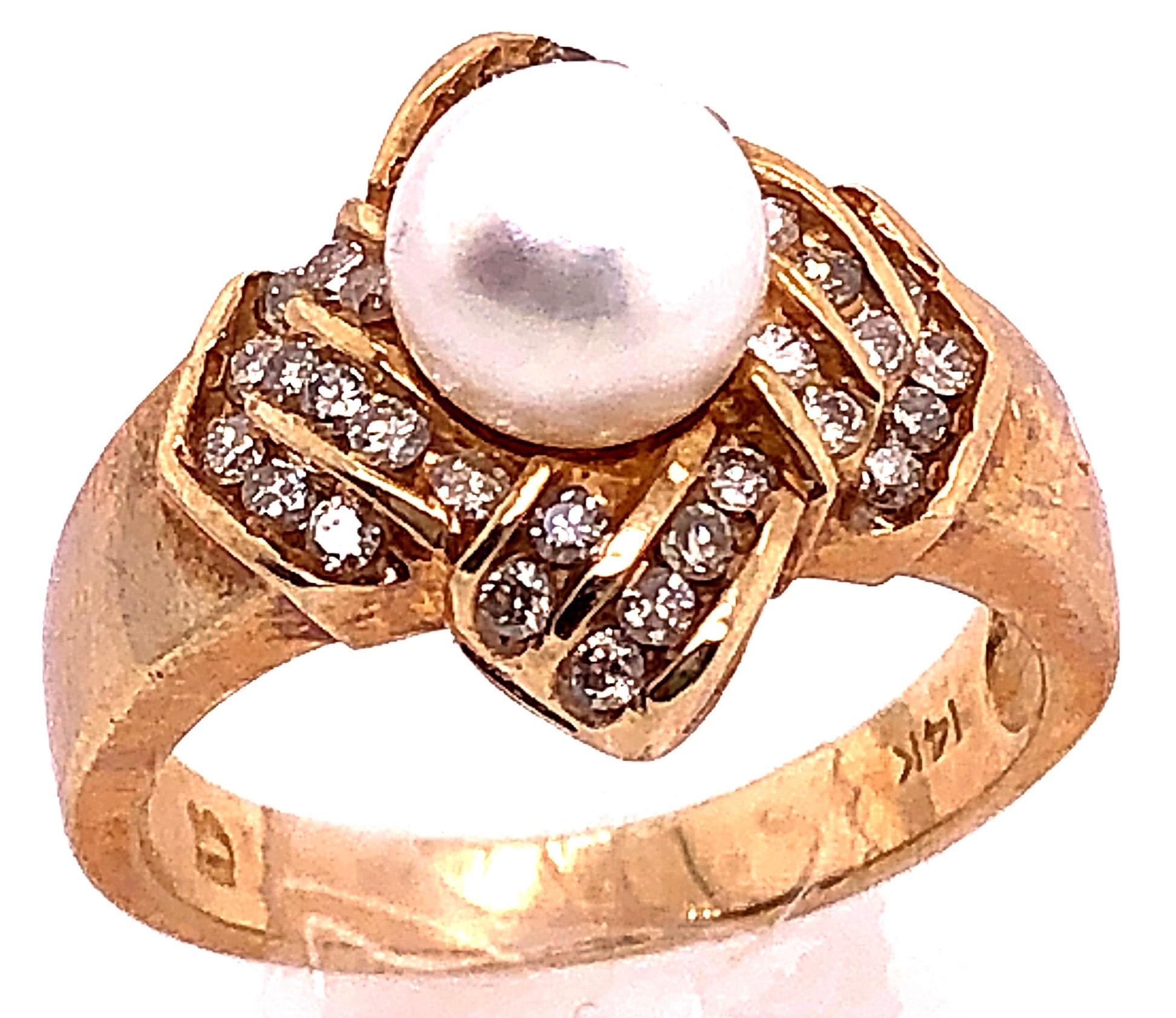 Modern 14 Karat Yellow Gold Pearl Solitaire with Diamond Accents Ring For Sale