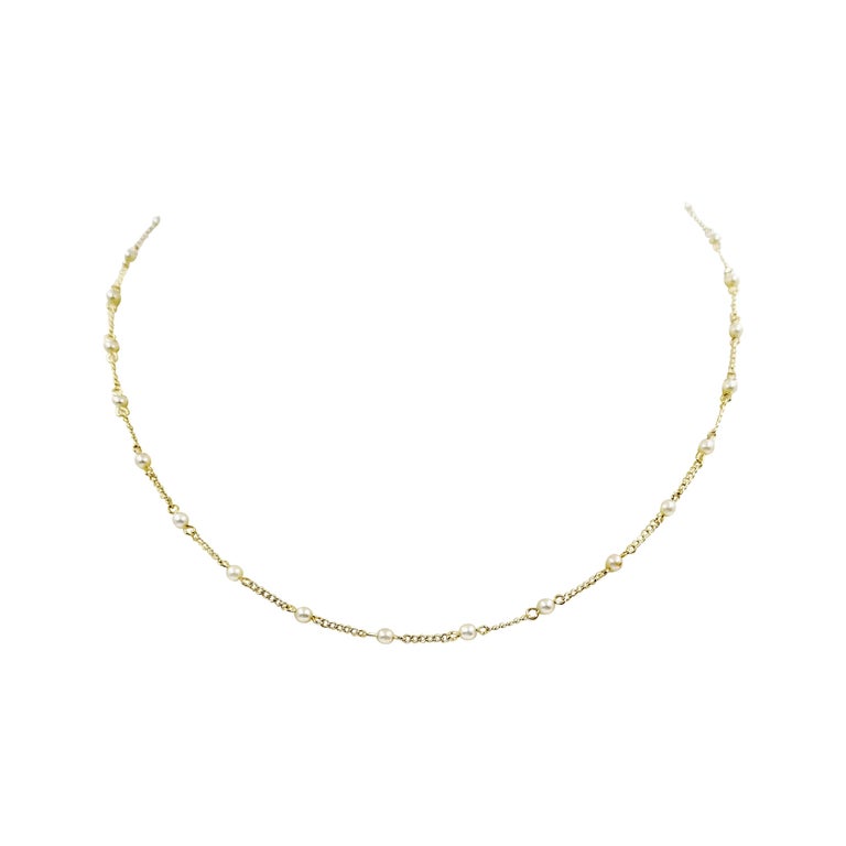 14 Karat Yellow Gold Pearl Station Chain Necklace at 1stDibs