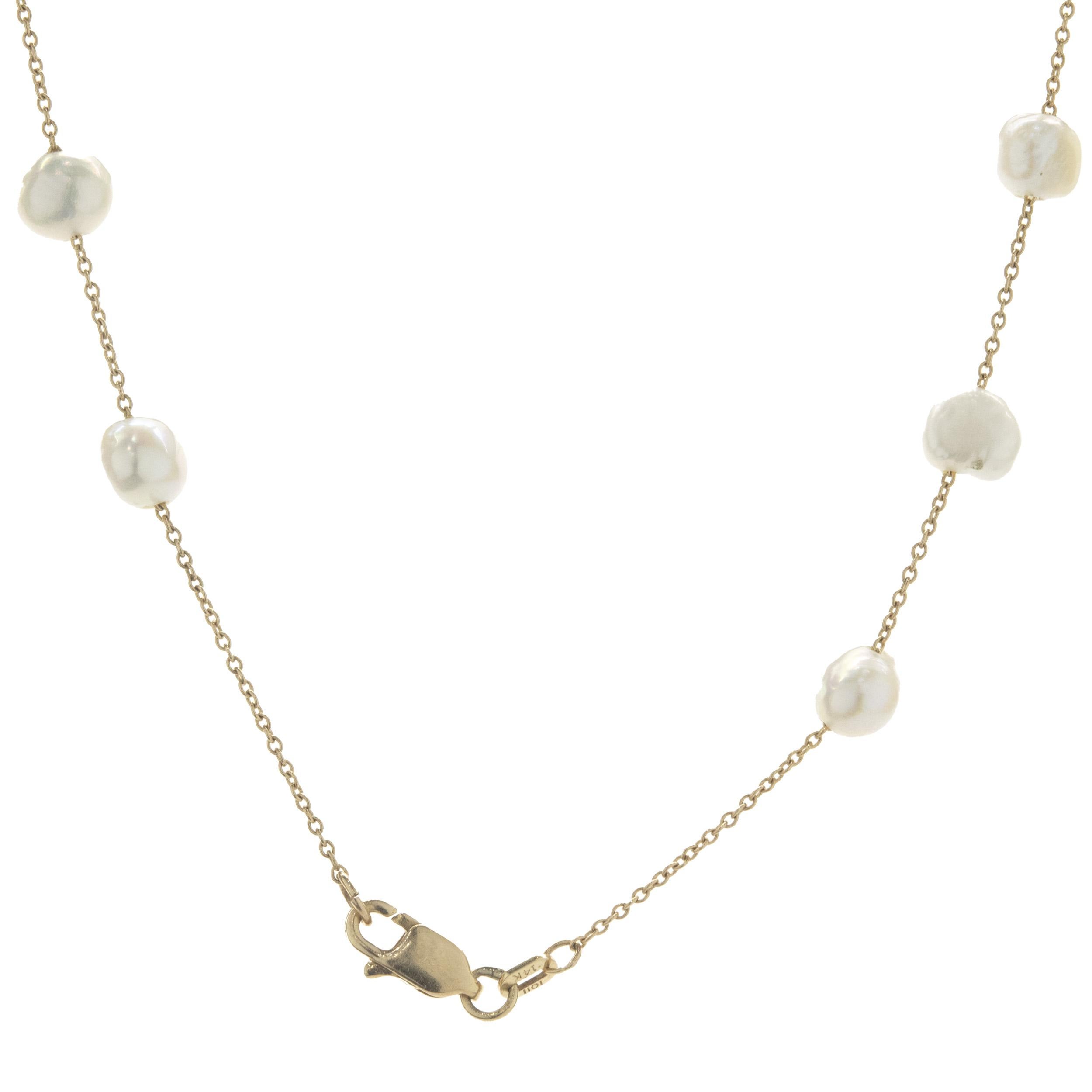 Designer: Custom
Material: 14K yellow gold / pearl
Dimensions: necklace measures 16-inches in length 
Weight: 6.53 grams