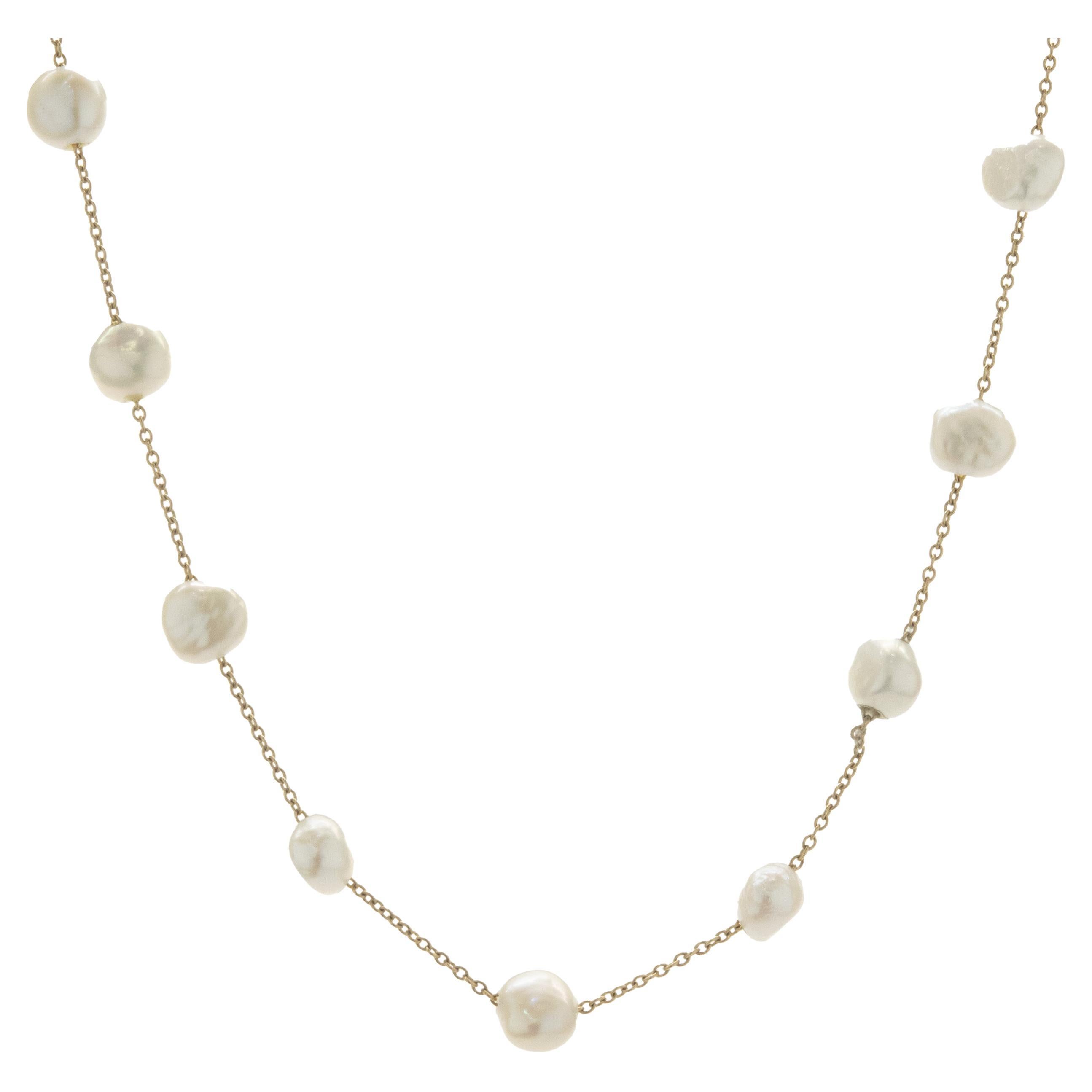 14 Karat Yellow Gold Pearl Station Collar Necklace For Sale