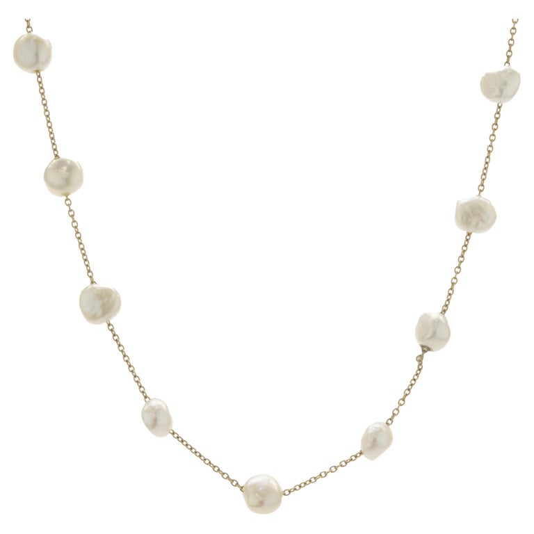 14 Karat Yellow Gold Pearl Station Collar Necklace For Sale at 1stDibs