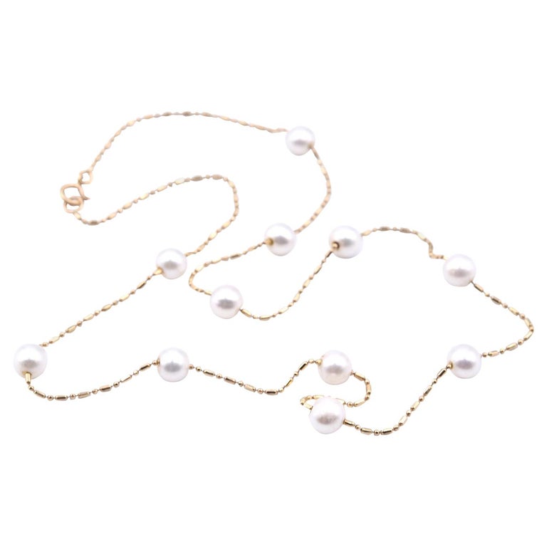 14 Karat Yellow Gold Pearl Station Necklace For Sale at 1stDibs