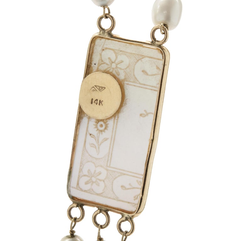14 Karat Yellow Gold Pearl Station Necklace with Carved Mother of Pearl ...