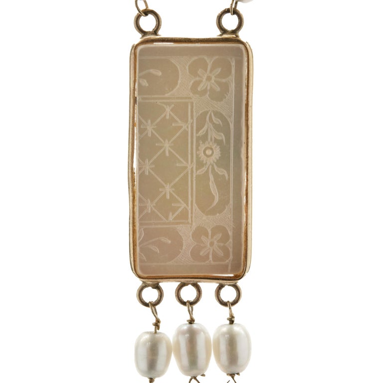 14 Karat Yellow Gold Pearl Station Necklace with Carved Mother of Pearl ...