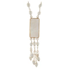 mother of pearl station necklace 14 Karat Yellow Gold Pearl Station Necklace with Carved Mother of Pearl Pendant