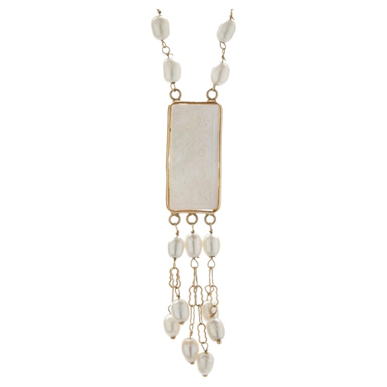 14 Karat Yellow Gold Pearl Station Necklace with Carved Mother of Pearl ...