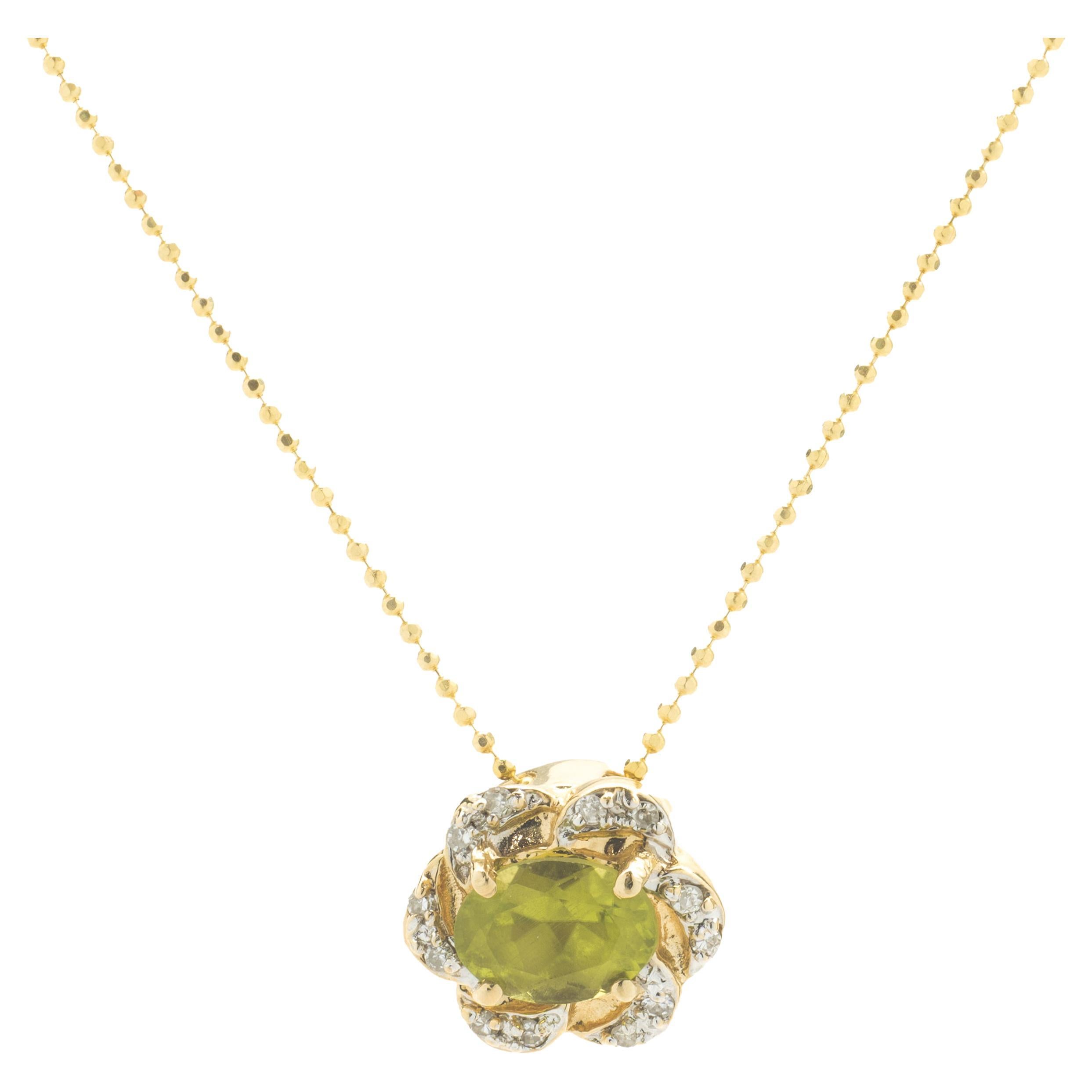 14 Karat Yellow Gold Peridot and Diamond Pendant For Sale