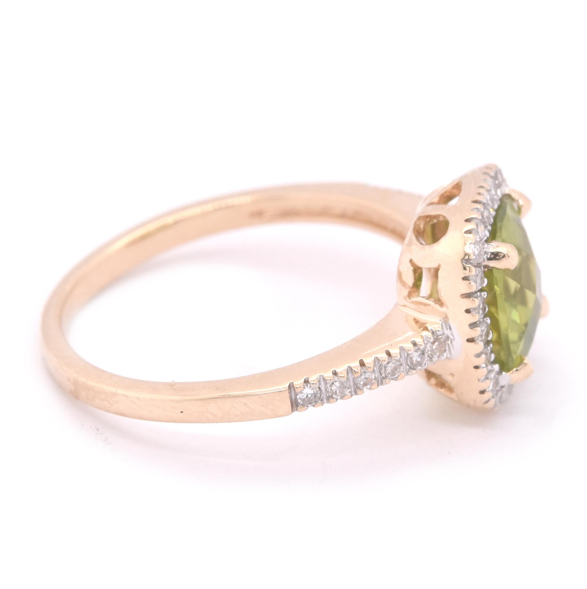 Designer: custom
Material: 14K yellow gold
Gemstone: 1 cushion cut peridot = 1.60ct
Diamonds: 36 round brilliant cuts = 0.36cttw
Color: H
Clarity: SI
Ring Size: 6 (please allow up to 2 additional business days for sizing requests)
Dimensions: ring