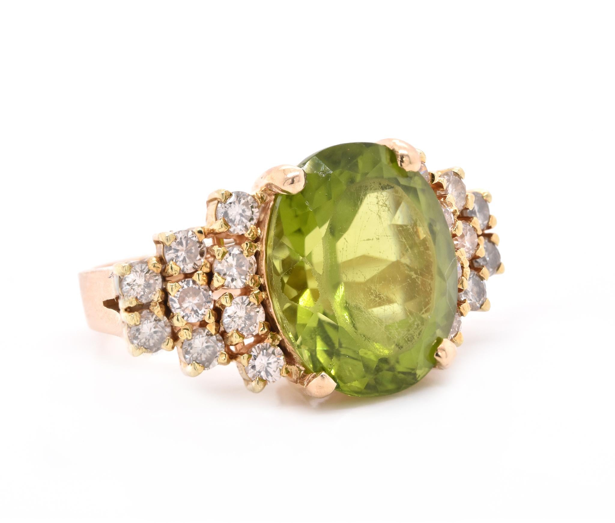 Designer: custom
Material: 14K yellow gold
Peridot: 1 oval cut = 7.37ct 
Diamond: 18 round cut = .90cttw
Color: I
Clarity: SI2
Ring Size: 5.25 (please allow up to 2 additional business days for sizing requests)
Dimensions: ring shank measures