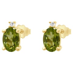 14 Karat Yellow Gold Peridot and Diamond Stud Earrings