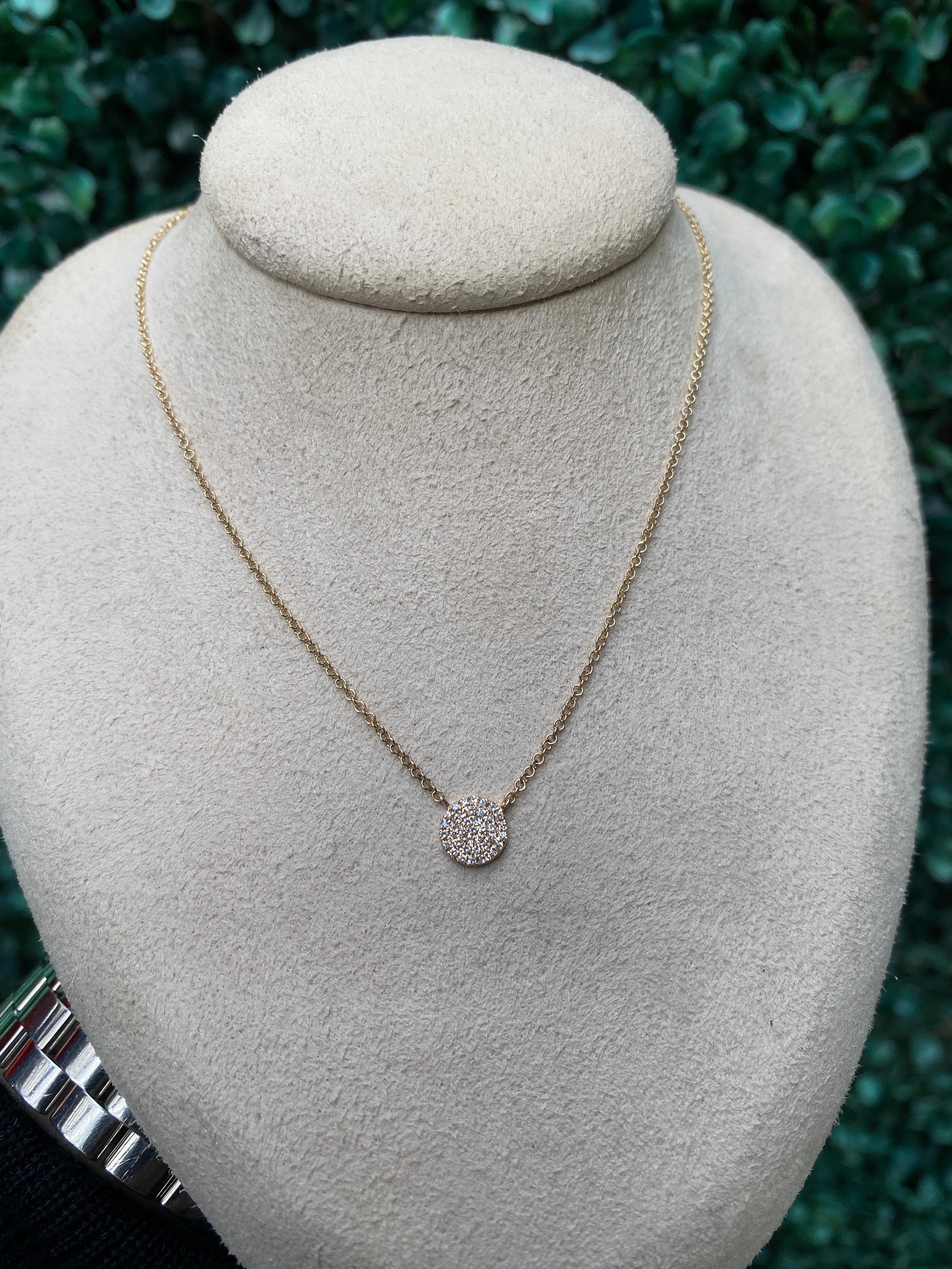 14 Karat Yellow Gold Petite Pave Diamond Disc Necklace In New Condition For Sale In Houston, TX