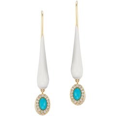 14 Karat Yellow Gold Petite White Enamel Turquoise and Diamond Earrings