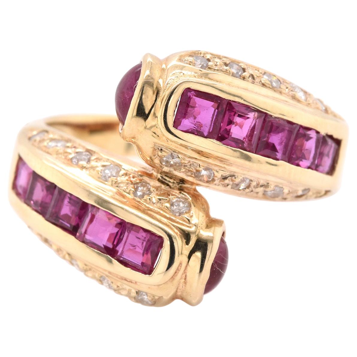 14 Karat Yellow Gold Pigeons Blood Ruby and Diamond Bypass Ring