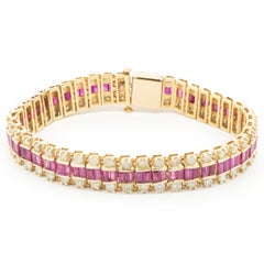 14 Karat Yellow Gold Pigeons Blood Ruby and Diamond Three Row Bracelet